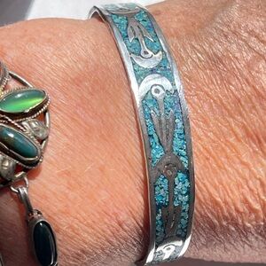 Vintage Taxco Blue Turquoise Chip Inlay Sterling Silver Bracelet 6.5” Large